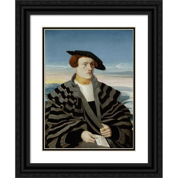Conrad Faber Von Kreuznach 12x14 Black Ornate Wood Framed Double Matted Museum Art Print Titled: Portrait of Gilbrecht Von Holzhausen (1514-1550) (1535)