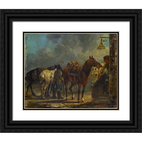 Conrad Gessner 14x12 Black Ornate Wood Framed Double Matted Museum Art Print Titled: Stop at an Inn (1785)