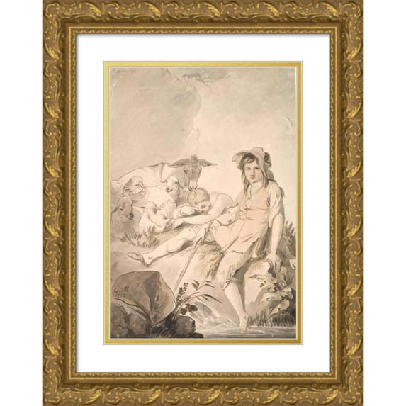 Conrad Martin Metz 14x18 Gold Ornate Wood Frame and Double Matted Museum Art Print Titled - Pastoral Scene with Two Children and Animals (1793)