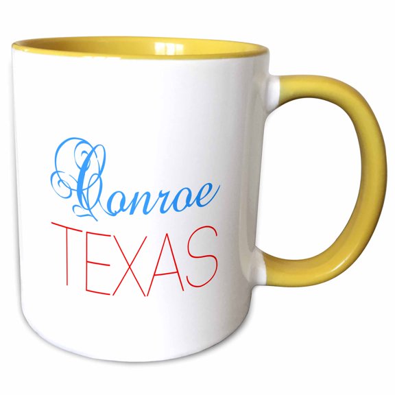 3drose, Conroe, Texas, Red, Blue Text. Patriotic Home Town Design, 11oz Two-tone Yellow Mug