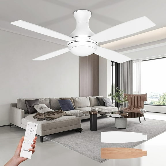 Consciot 52" Ceiling Fan with Light, Low Profile Ceiling Fan 6-Speed Reversible DC Motor, Remote Control, 4 Double Finish Blades, Flush Mount