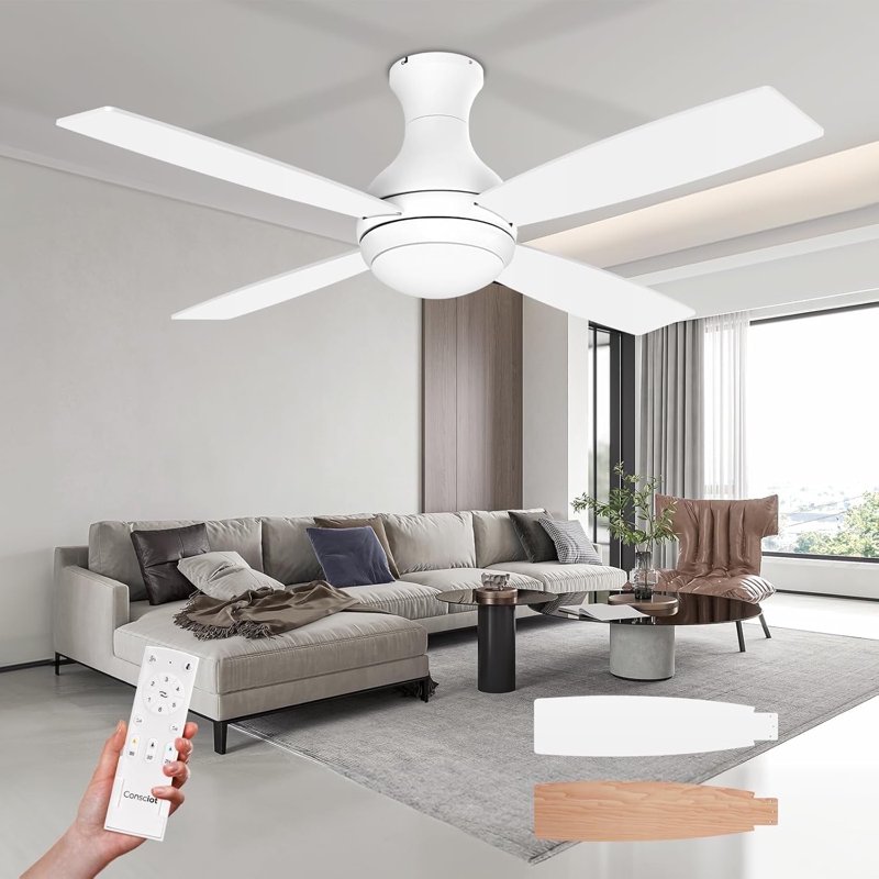Consciot 52" Ceiling Fan with Light, Low Profile Ceiling Fan 6-Speed Reversible DC Motor, Remote Control, 4 Double Finish Blades, Flush Mount