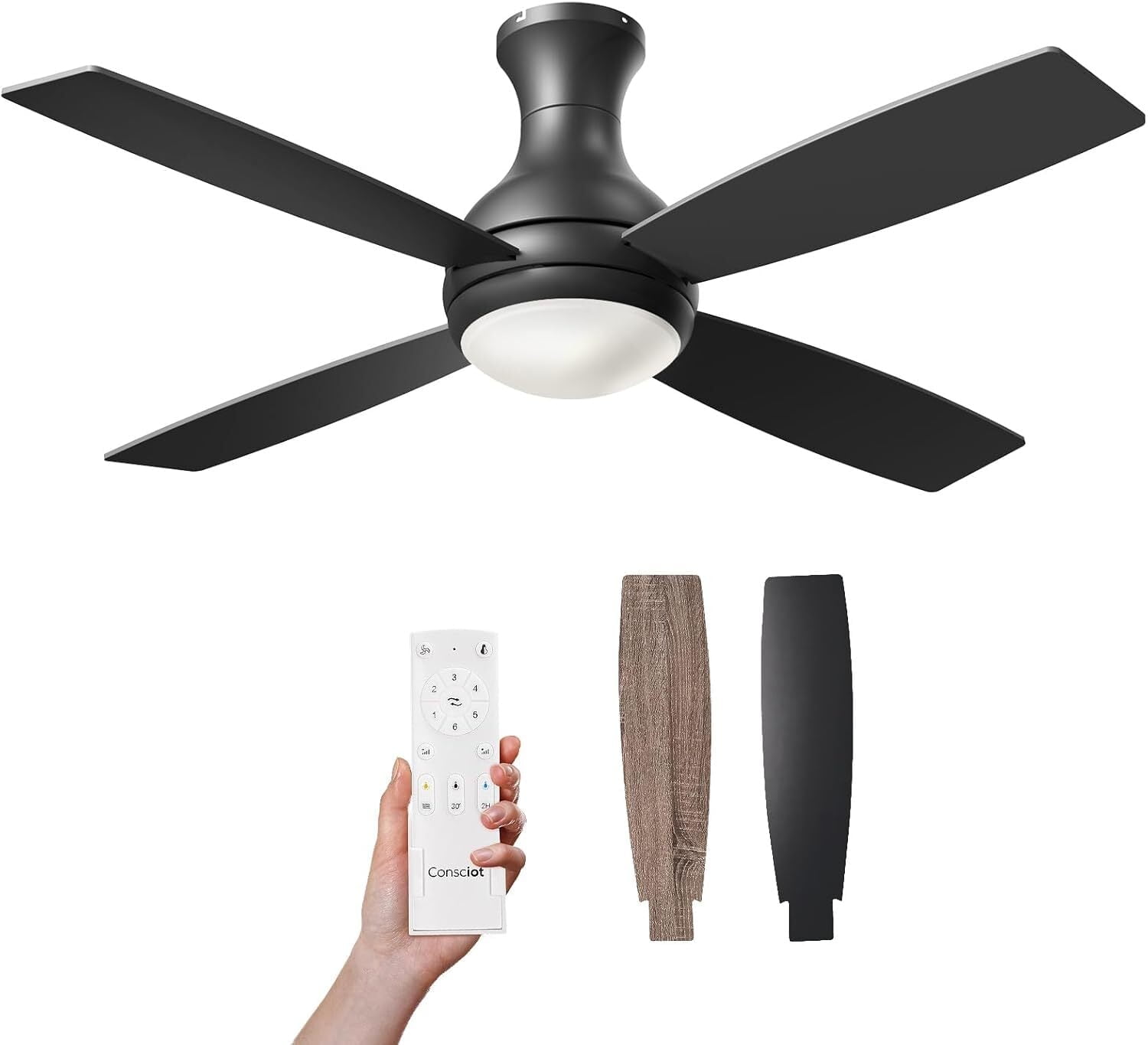 Consciot 52" Ceiling Fan with Light, Low Profile Ceiling Fan 6-Speed Reversible DC Motor, Remote Control, 4 Double Finish Blades, Flush Mount