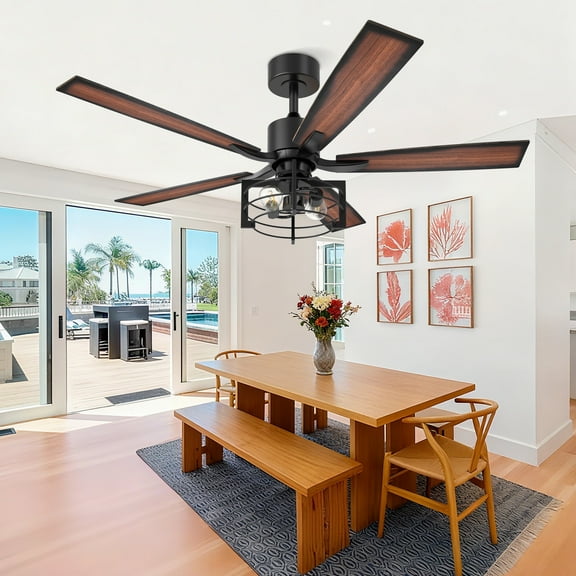 Open Box Consciot 52 Inch Ceiling Fans With Lights & Remote, Reversible Motor, Modern Farmhouse Caged Ceiling Fan, 5 Double Finish Wood Blades, Rustic Ceiling Fan For Porch, Living Rooms, Bedroom, Black