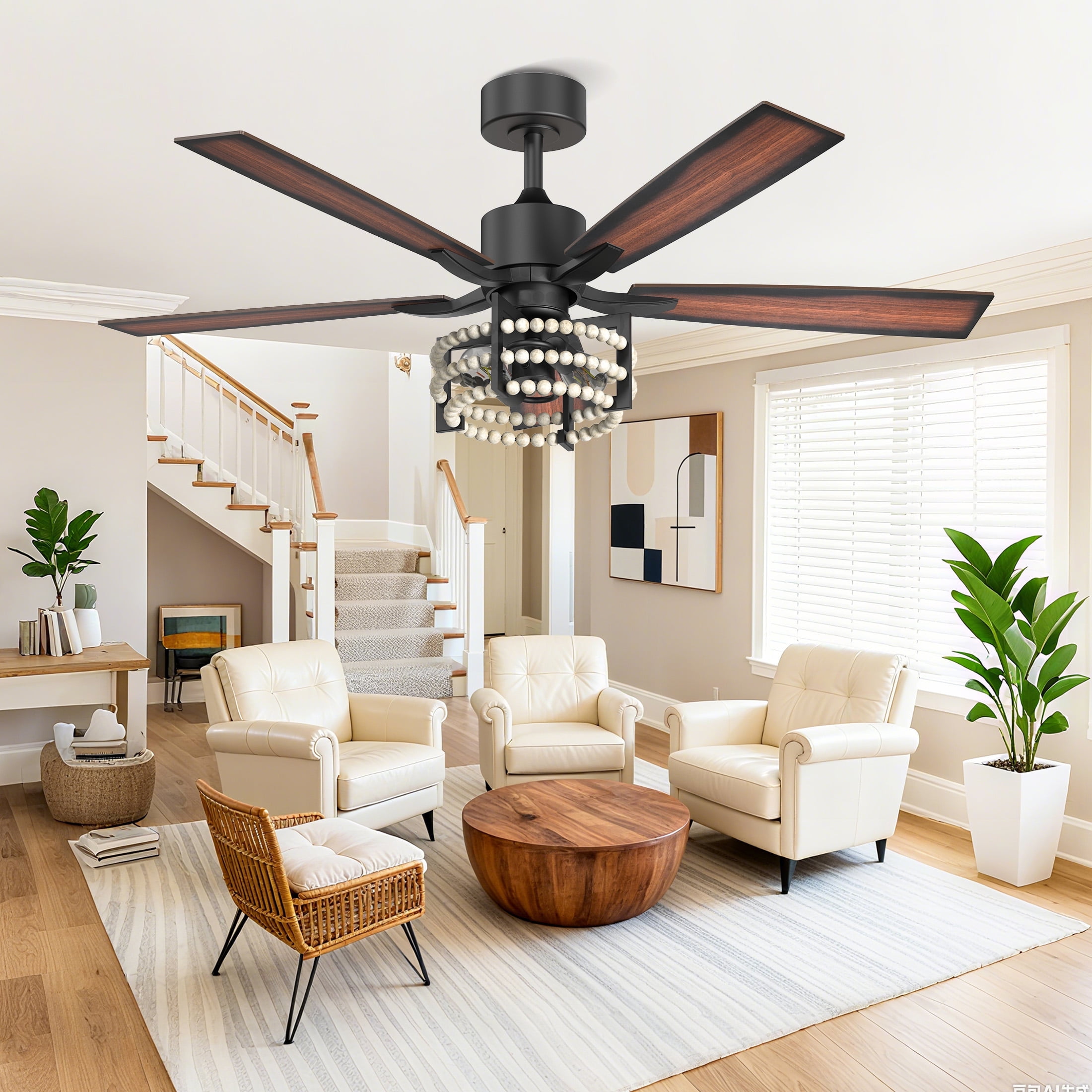 Consciot 52-inch Bohemian Ceiling Fan with Light & Remote, Quiet Reversible DC Motor, 5 Double Finish Wood Blades, Bohemian Style for Bedroom, Living Room etc.