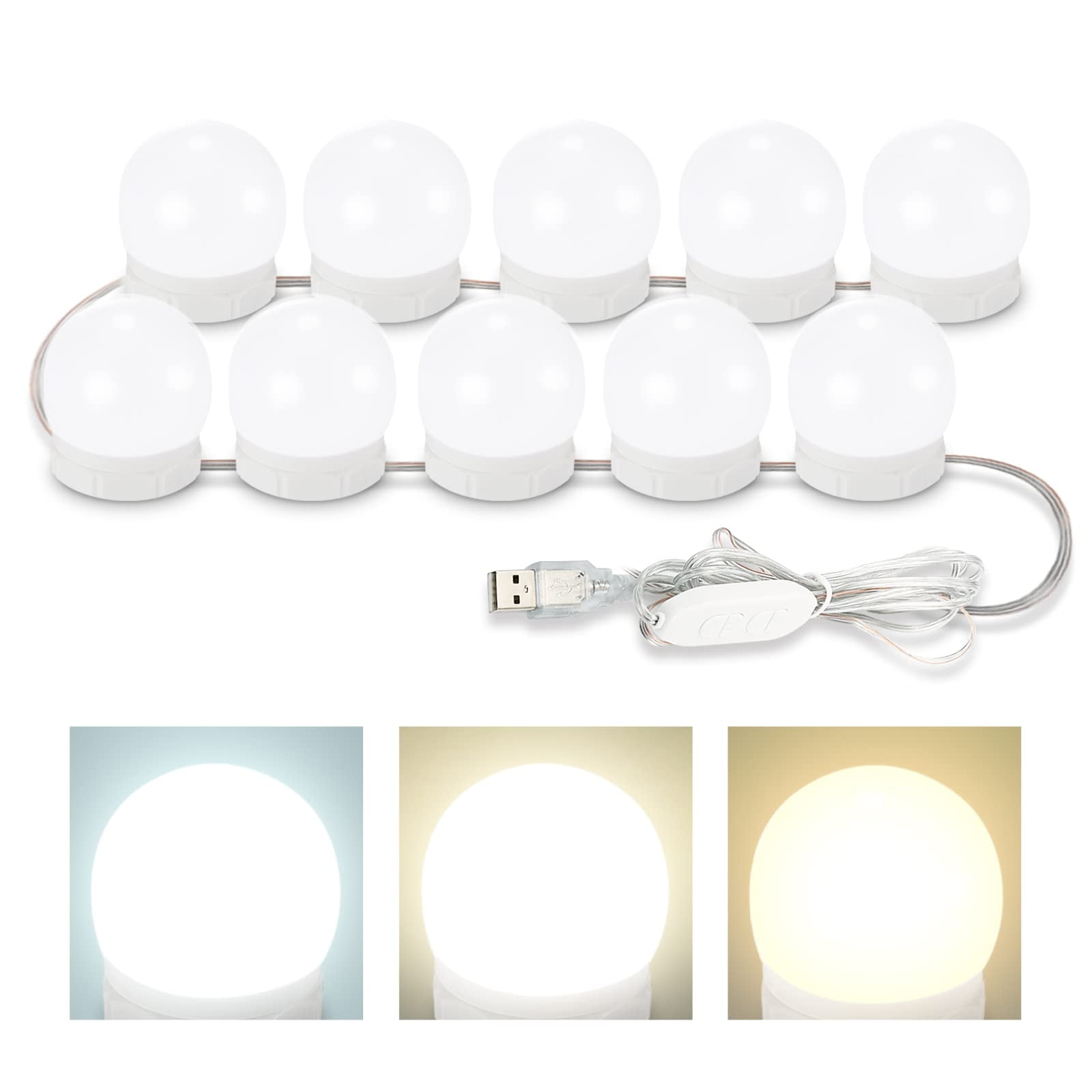 Consciot LED Vanity Lights For Mirror, Hollywood Style Vanity Lights With 10 Dimmable Bulbs, Adjustable Color & Brightness, USB Cable, Mirror Lights Stick on for Makeup Table Dressing Room, White