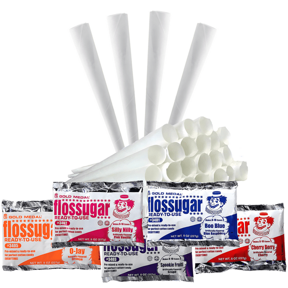 Conscious Seasonings Assorted Cotton Candy Sugar - Raspberry, Cherry, Grape, Pink, and Orange - 8oz of Each | With 100 Ct Cones