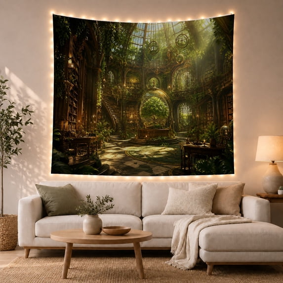 Conservatory Library with Majestic Green Tree, Serene Gothic for Book Lovers, Dark Academia Decor, Housewarming Gift, Tapestry Wall Hanging for Living Room and Bedroom