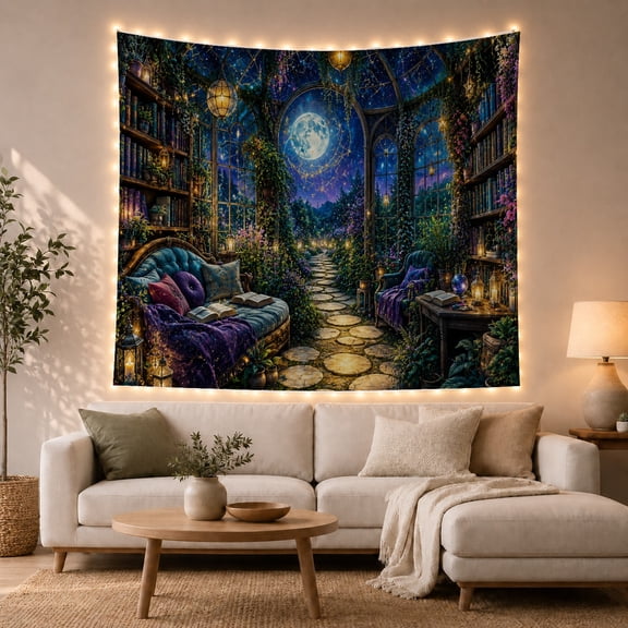 Conservatory Library with Moonlit Garden and Bookshelves, Dreamy Fantasy for Book Lovers, Mystical Wall Art Decor, Housewarming Gift Tapestry Wall Hanging for Home Library and Reading Nook