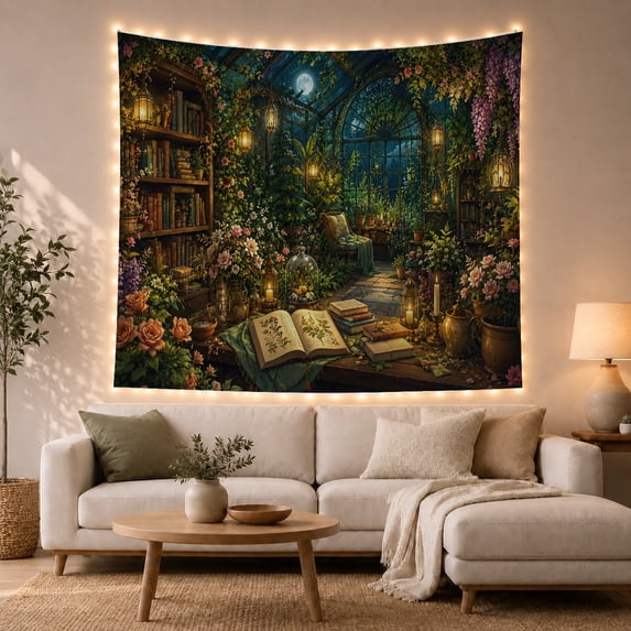 Conservatory Library With Moonlit Window and Lanterns Dreamy Dark Academia for Book Lovers Enchanted Library Decor Housewarming Gift Tapestry Wall Hanging for Bedroom and Living Room