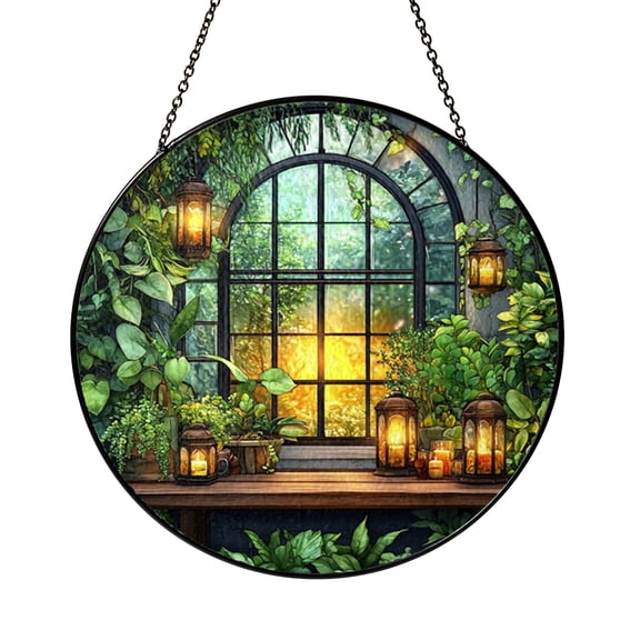 Conservatory Plant Interior Stained Glass Style Window Decor, Botanical Hanging Art Panel