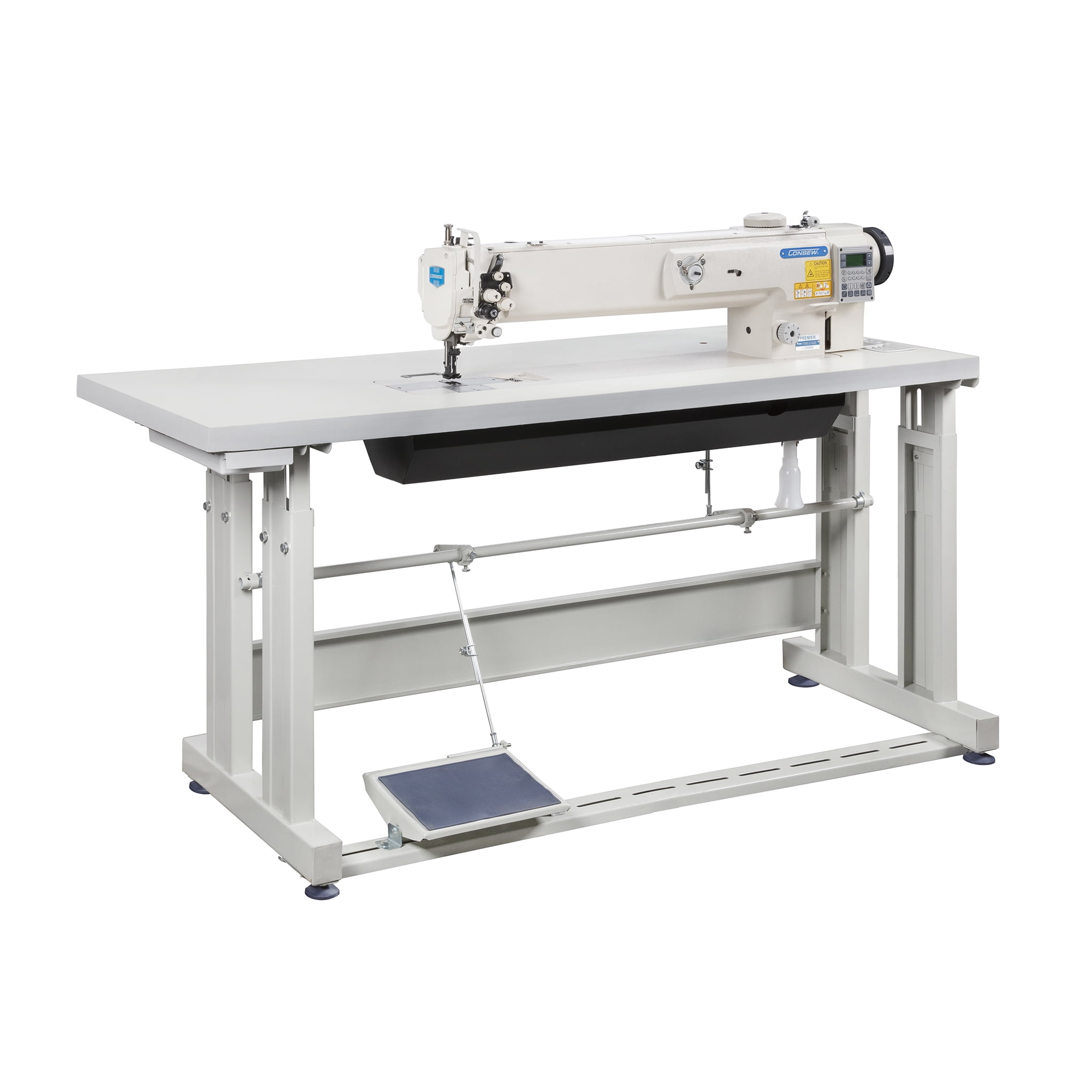 Consew P1510RB-14 Industrial Walking Foot Sewing Machine With Table Legs And Servo Motor Large Hook 14 Inch Arm Upholstery Leather Canvas Vinyl