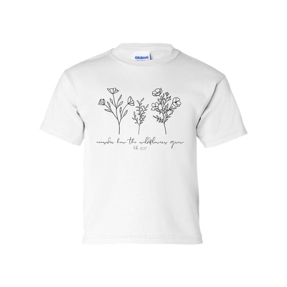 Consider How The Wildflowers Grow Luke 12:27 Floral Youth Kids Christian T-shirt Graphic Tee Graphic Tee-White-small