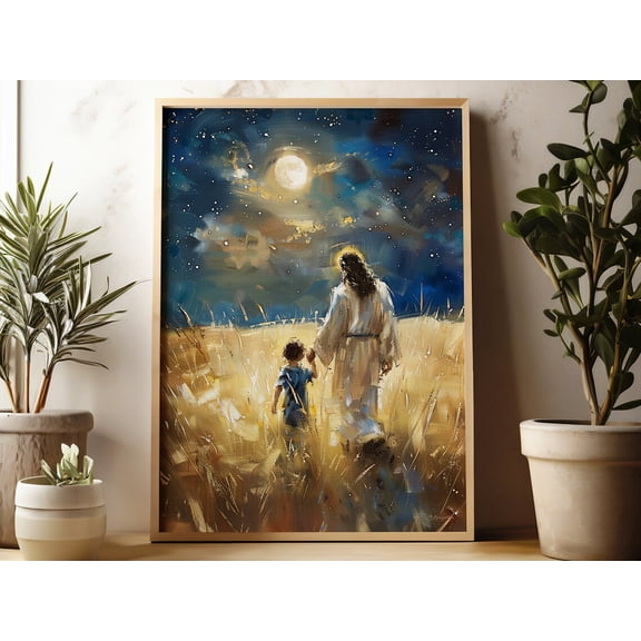 Consider the Heavens Jesus Christ Walking With Boy The Great Creator Starry Night, Unframed Canvas 8x10in