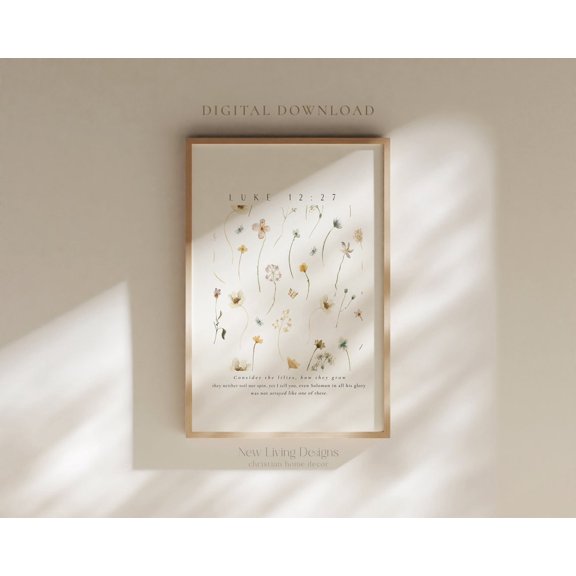 Consider the Lilies Neutral Floral Modern Scripture Decor Bible Verse Faith Decor, Unframed Canvas 12x16in