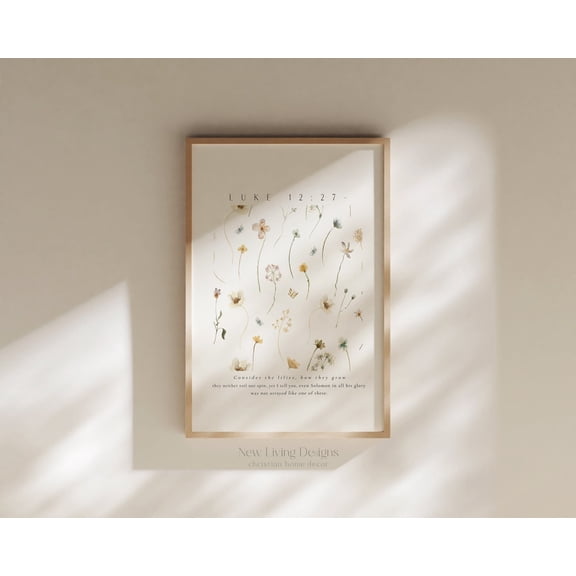 Consider the Lilies Neutral Floral Modern Scripture Decor Bible Verse Faith, Unframed Paper Poster 8x10in