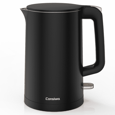 Consiwa Electric Kettle, Double Wall 1.7L Stainless Steel Cool Touch, Water Boiler & Heater, 1500W Hot Tea Pot, Black