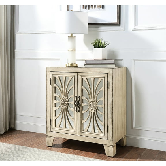 Console Cabinet In Antique White - 2 Doors Rectangular Tapered Leg Storage With 1 Shelf Pattern & Mirror Front Assembled 28" X 15" 32 Door Design W D 32" H