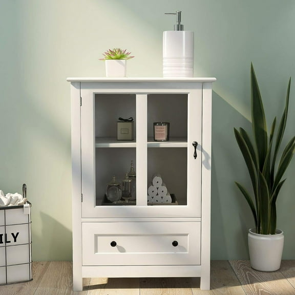 Console Cabinet, Floor Storage Cabinet with Single Glass Doors Design, Display Storage Organizer for Living Room