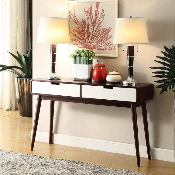 Console Cabinet In And White, 2 Drawers For Book Storage Mid-century Modern White Table With Drawers, Primary Living Area