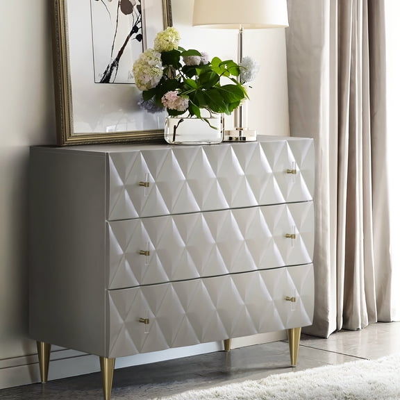 Console Cabinet In Metallic Silver & Champagne With Substantial Storage 3d Diamond Pattern And Construction