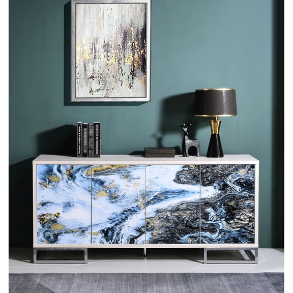 Console Cabinet with Shelved Storage | Suitable for Keeping Basics in a Living Room | Synthetic Wood with Gold Marble & Chrome | Addresses the Problem of Chaotic Storage