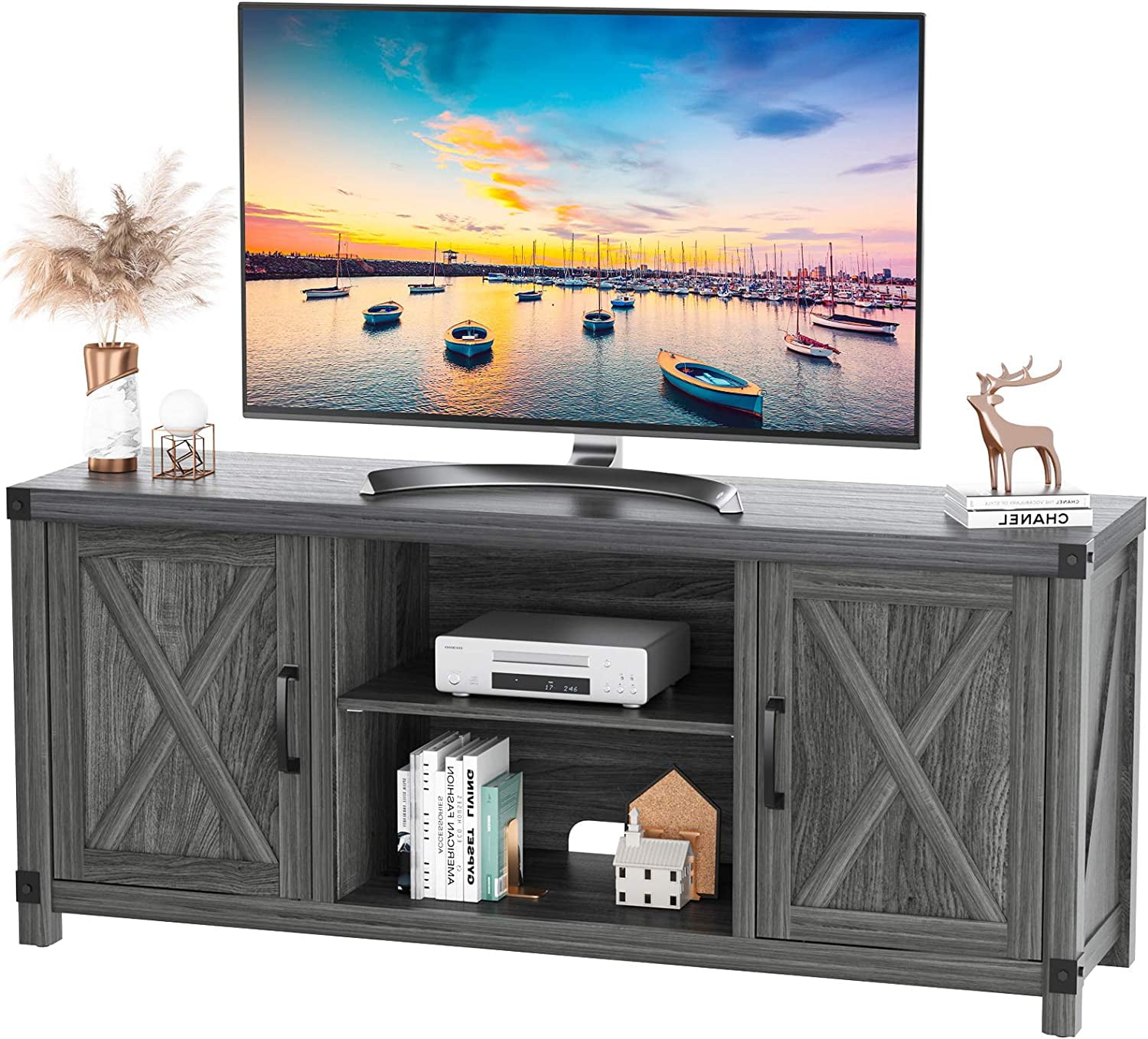 Console for TVs up to 65 inch W Media Shelves, Farmhouse TV Stand Style Entertainment