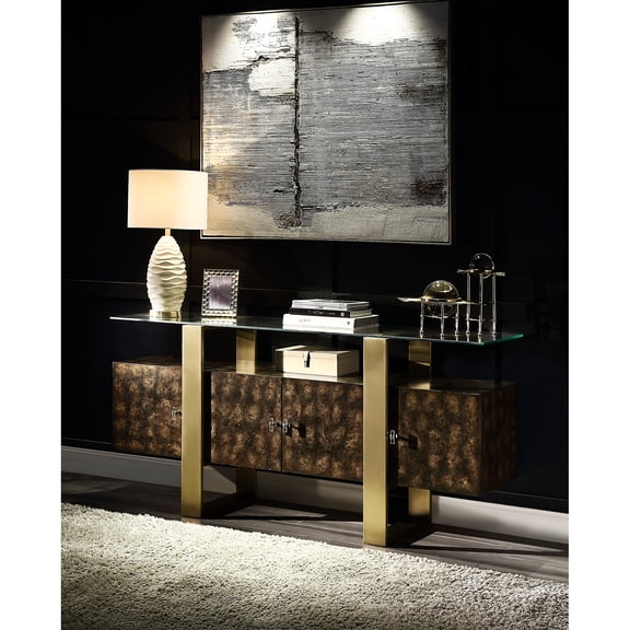 Console Cabinet With Felt-lined Drawers And Construction In Brown Synthetic Wood Brass Accents Spacious Interior Storage