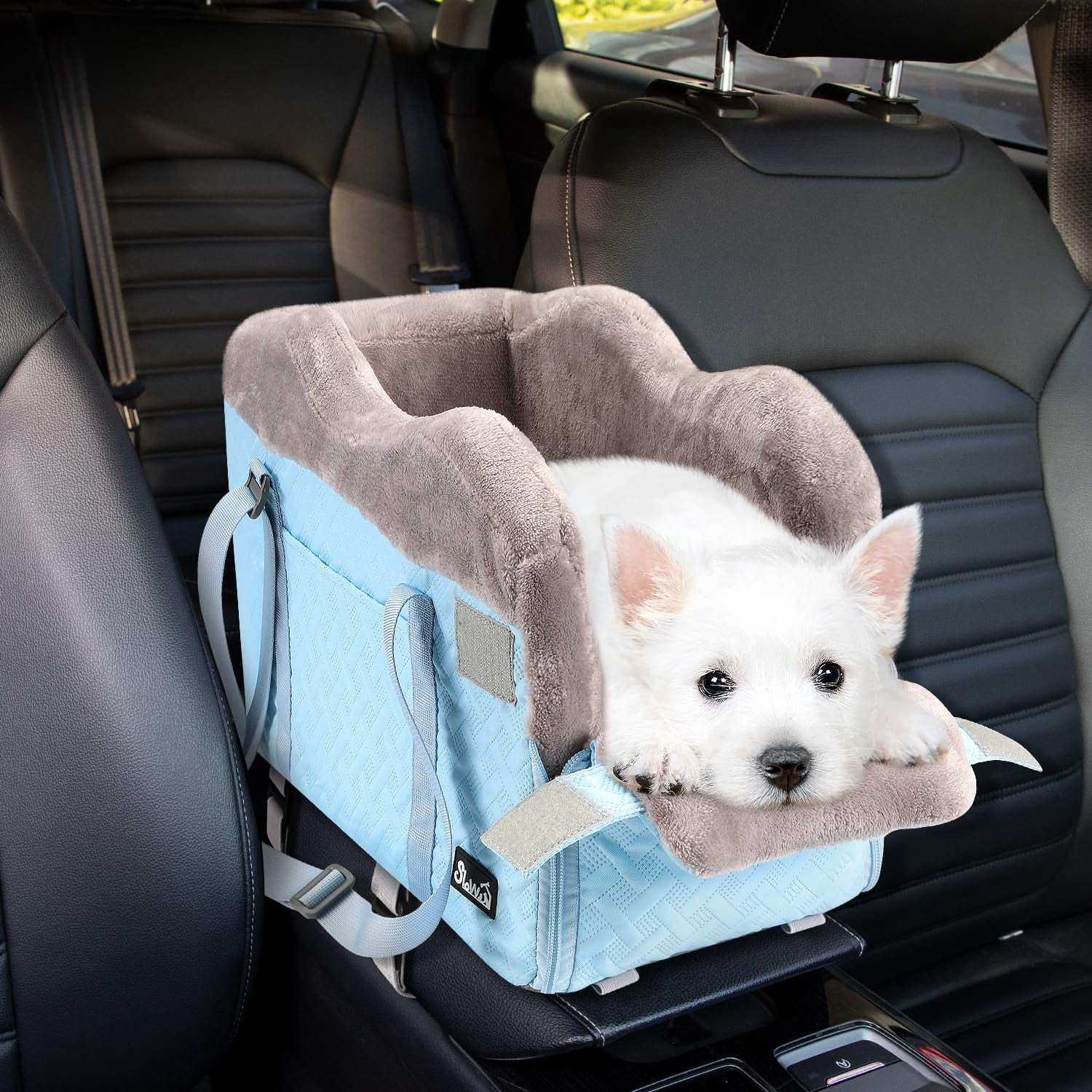 Console Dog Car Seat - Portable Center For Small Dogs Up To 9 Lbs  Washable Pet Carseat With Soft Cushion Safe Protection Hooks & Storage Pocket Blue