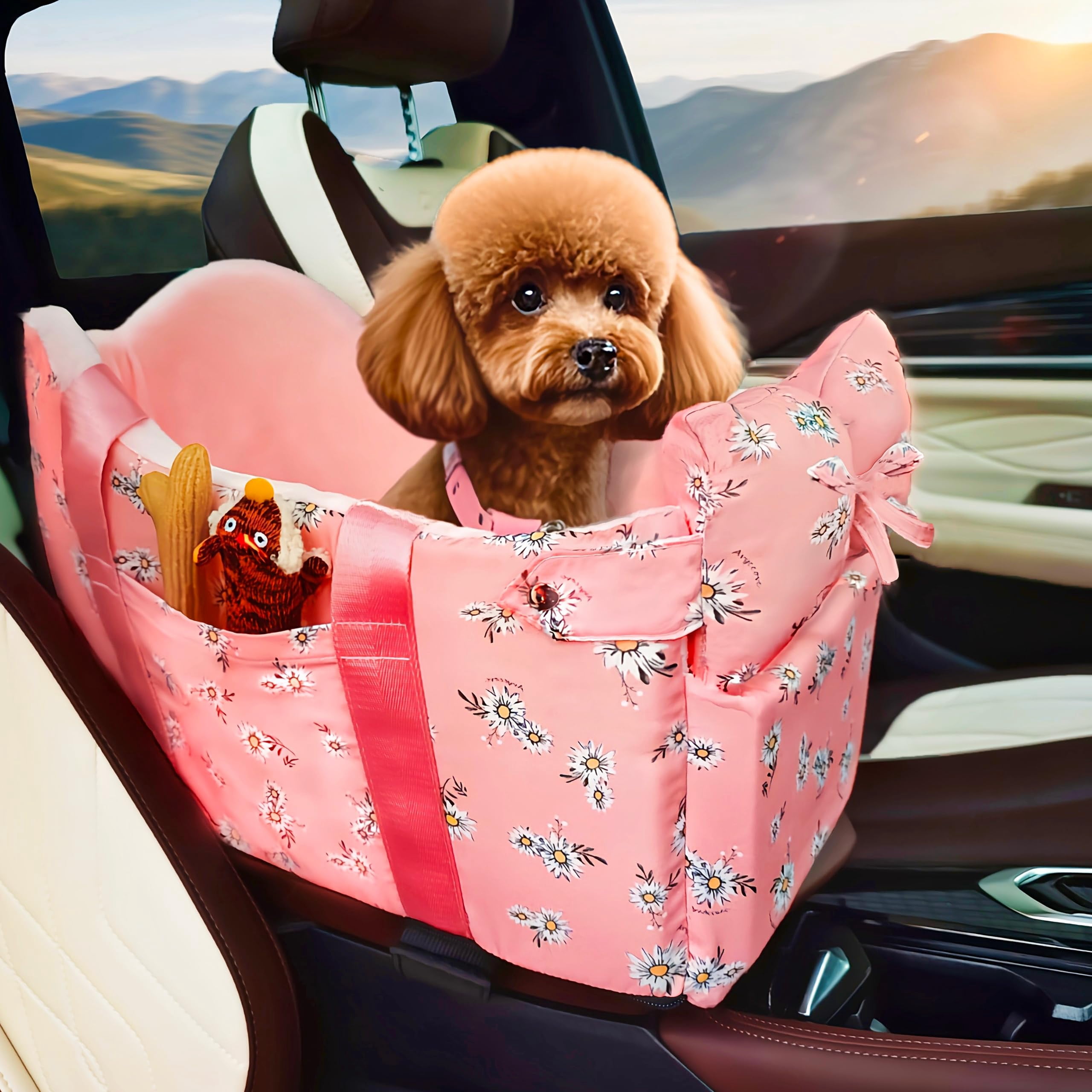 Console Dog Car Seat - Portable Dogs Armrest Booster For Small  Anti-collapse Pet With Soft Cushion Safety Belt Support Up To 11lbs (pink Daisy)