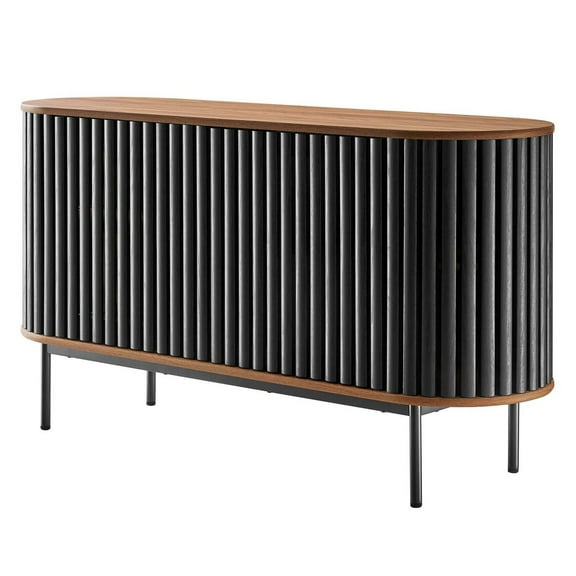 Console Entry Table Sideboard Cabinet, Walnut Black, Wood, Metal Steel, Oval, Industrial Living Lounge Cafe Lobby Hospitality Restaurant, Modern Contemporary HB36217