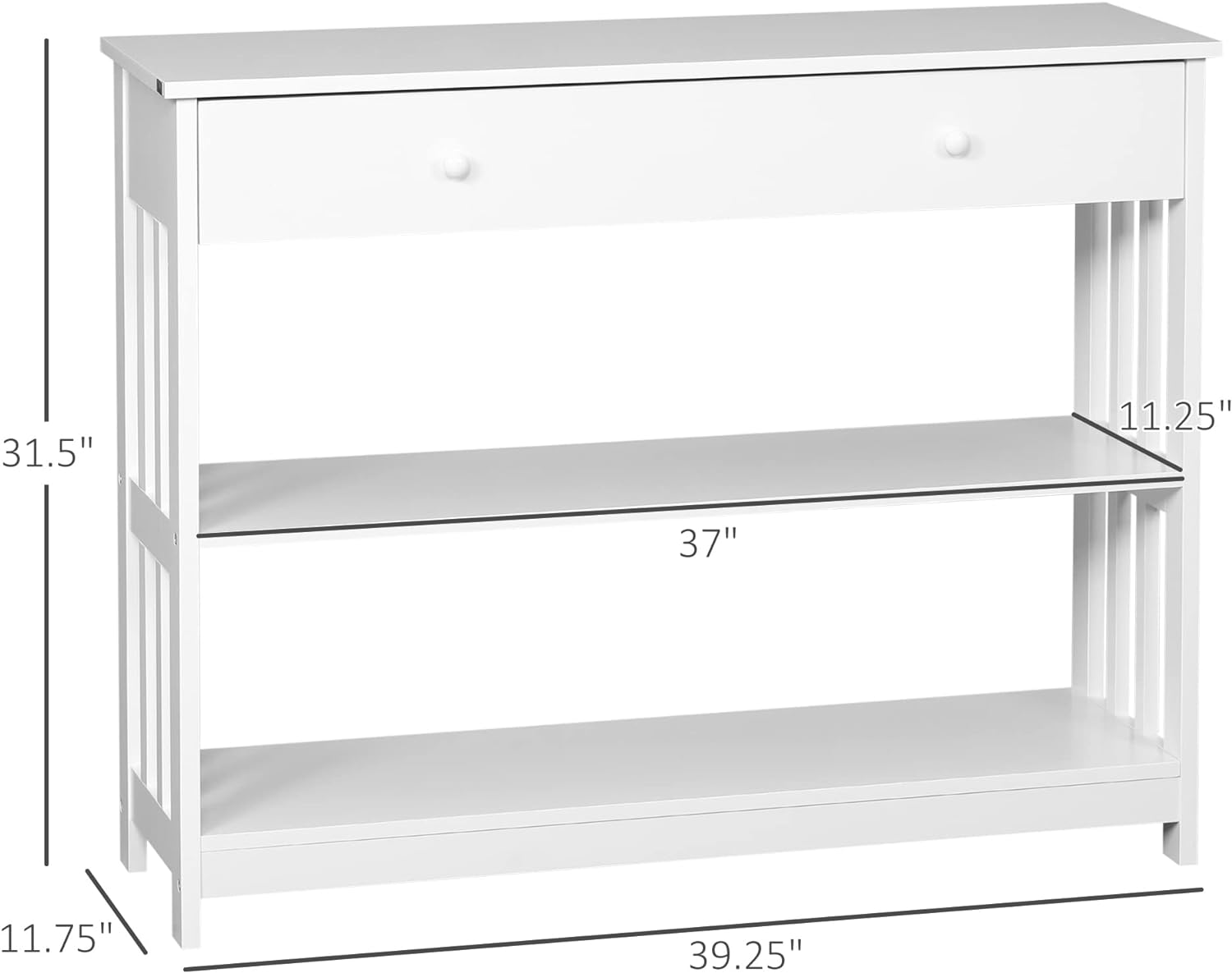 Console Hallway Table With Extra Wide Pull Out Drawer, 2 Open Shelves And Slatted Wood Frame