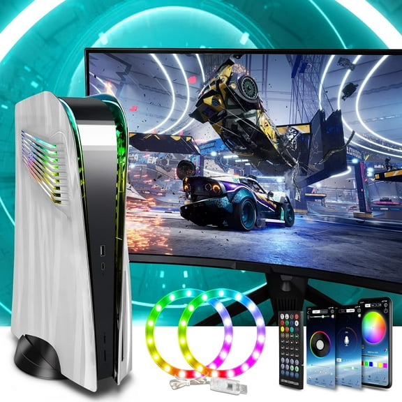 Console Plate with Vent and RGB LED Light Stripfor PS5 , Accessories 400+ Effects LED Light Ring Console Cover for PS 5, Side Plate for PS5 Hard Shockproof Anti-Scratch Shell