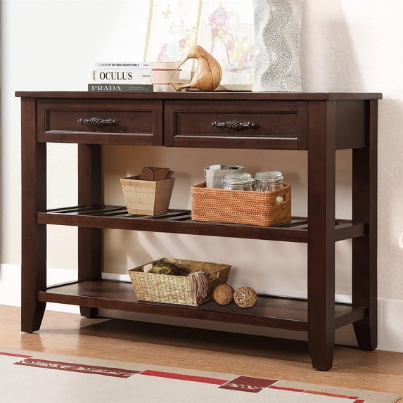 Console Sofa Table, 42'' Solid Wood Buffet Sideboard with 2 Storage Drawers and 2 Tiers Shelves, Wood Storage Table for Living Room Kitchen Dining Room
