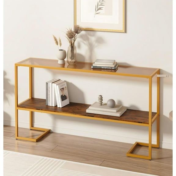 Console Sofa Table, 52" Modern Entryway Table, 2-Tier Open Shelf with Tempered Glass, Metal Frame Behind Couch Table with Gold Metal Frame for Living Room Hallway Entrance, Brown