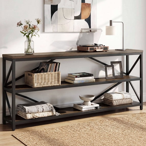 ROGALIS 70.8" Industrial Console Table, 3-Tier Open Shelf Entryway Table with Metal Frame, Rustic Black Brown
