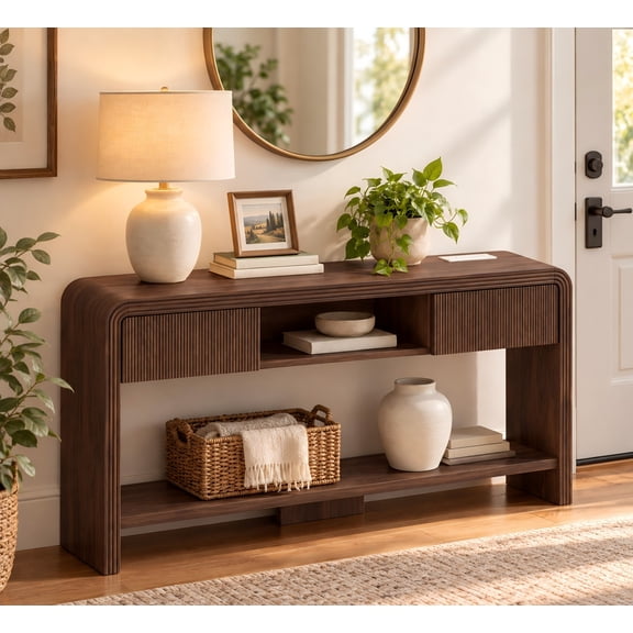 Console Sofa Table for Entryway, 63" Foyer Tables for Living Room End Table Farmhouse Couch Table Behind Sofa with 2 Drawers,Open Storage Space, Large Shelf for Hallway, Walnut