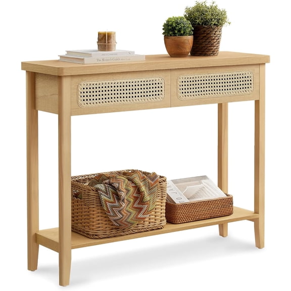 Console Sofa Table Narrow Entryway Table, Entry Table with 2 Drawers Rounded Corners for Living Room Oak Beige
