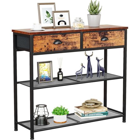 30'' Entryway Console Table (Rustic Brown) - Small Sofa Table with Storage Shelf & 2 Fabric Drawers for Entrance