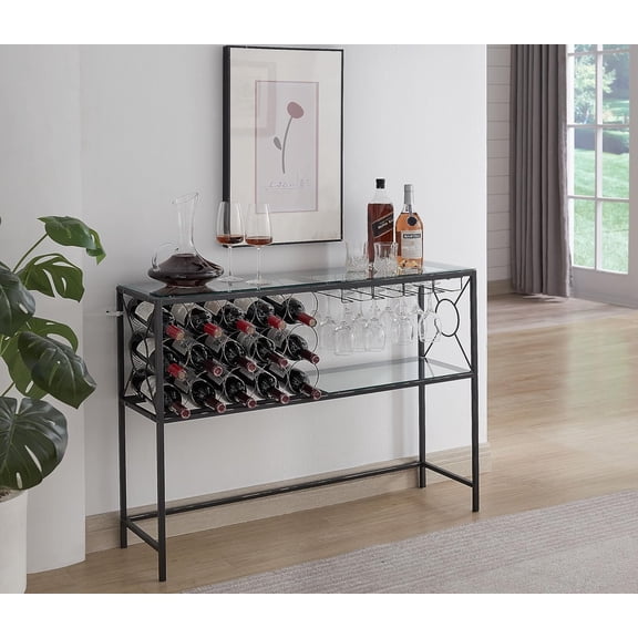 Console Sofa Table with Wine Rack Storage, Wine Bar Cabinet with Wine Shelf and Glass Holder, Bronze/Glass
