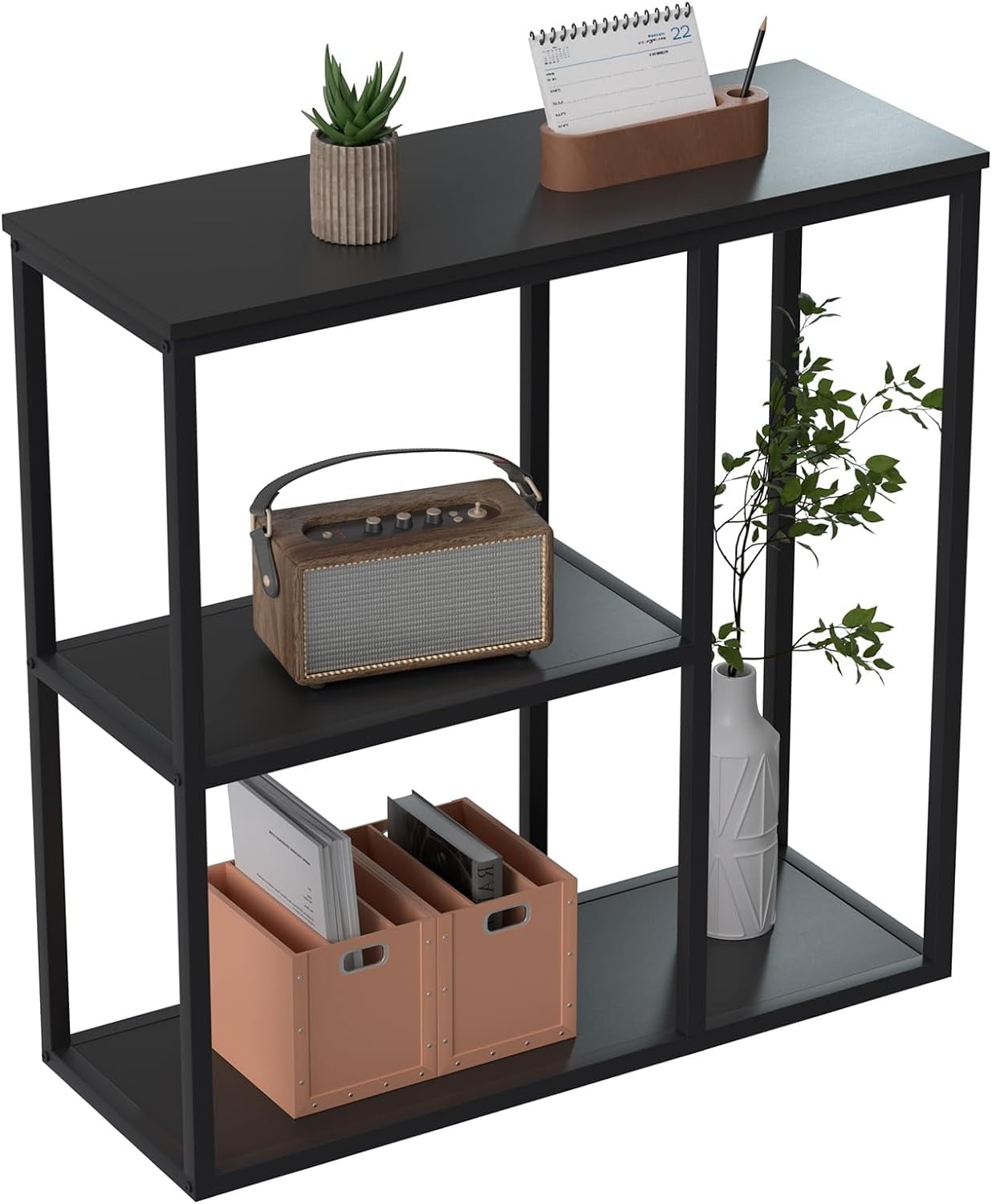 Black Metal Industrial Console Table with 3-Tier Storage