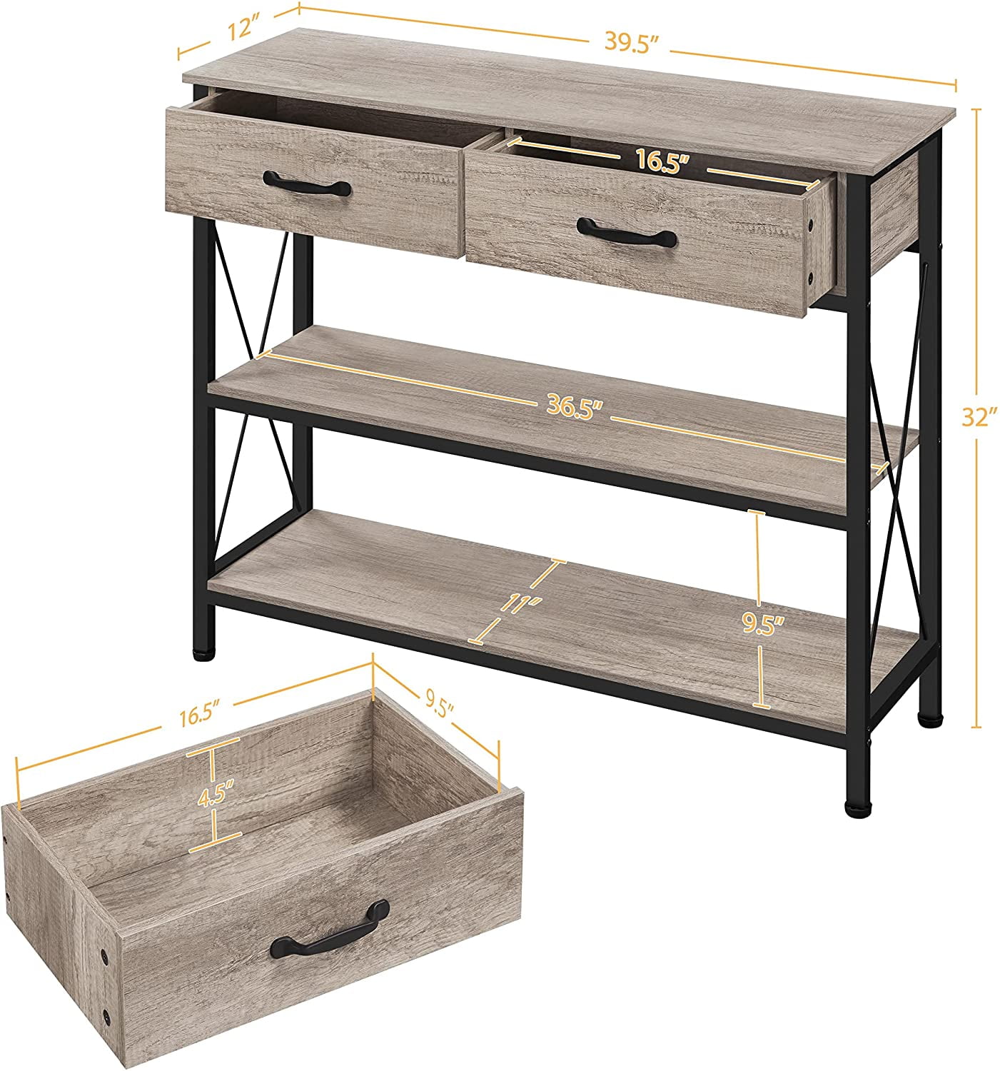 Console Table with 2 Drawers, Industrial 3 Tier Entryway Sofa Table ...