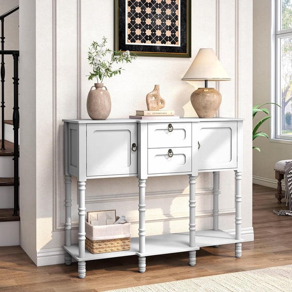 Console Table with 2 Drawers, Mid-Century Modern Entryway Table with Storage, Retro Narrow Long Behind Couch Sofa Table for Living Room, Foyer, Hallway, White