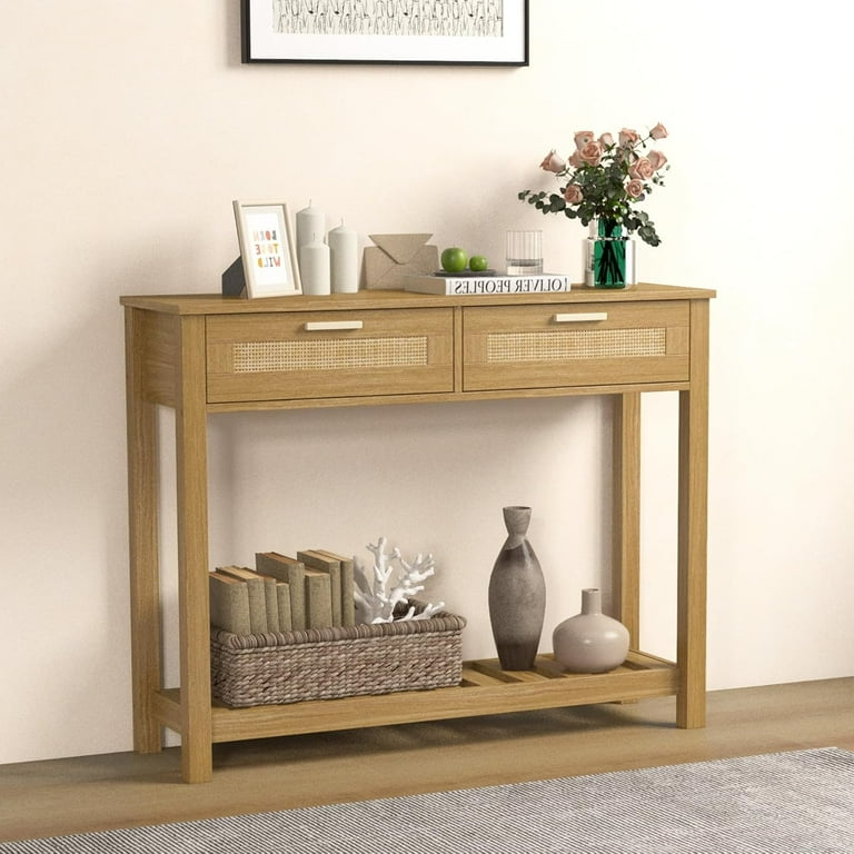 Console Table with 2 Rattan Drawers Boho Entryway Table with 