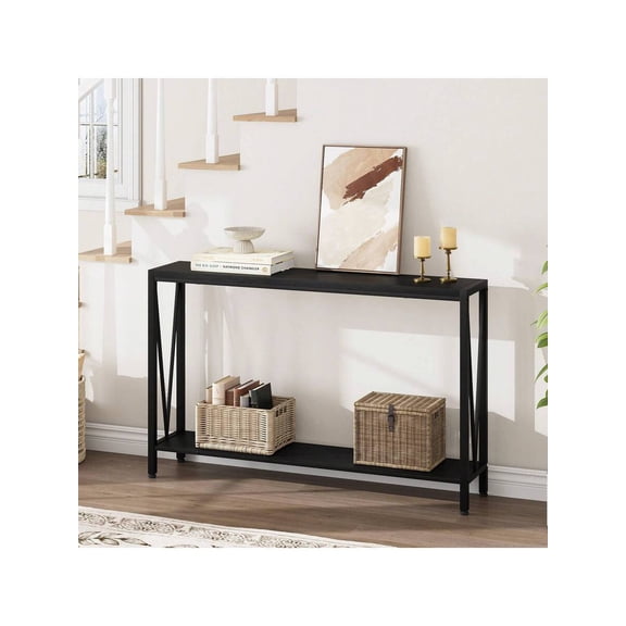 Console Table, 2-Tier Entryway Table With Storage, 43" Narrow Sofa Table With V Design, Industrial Console Table For Entryway, Living Room, Hallway, Foyer, Corridor, Office