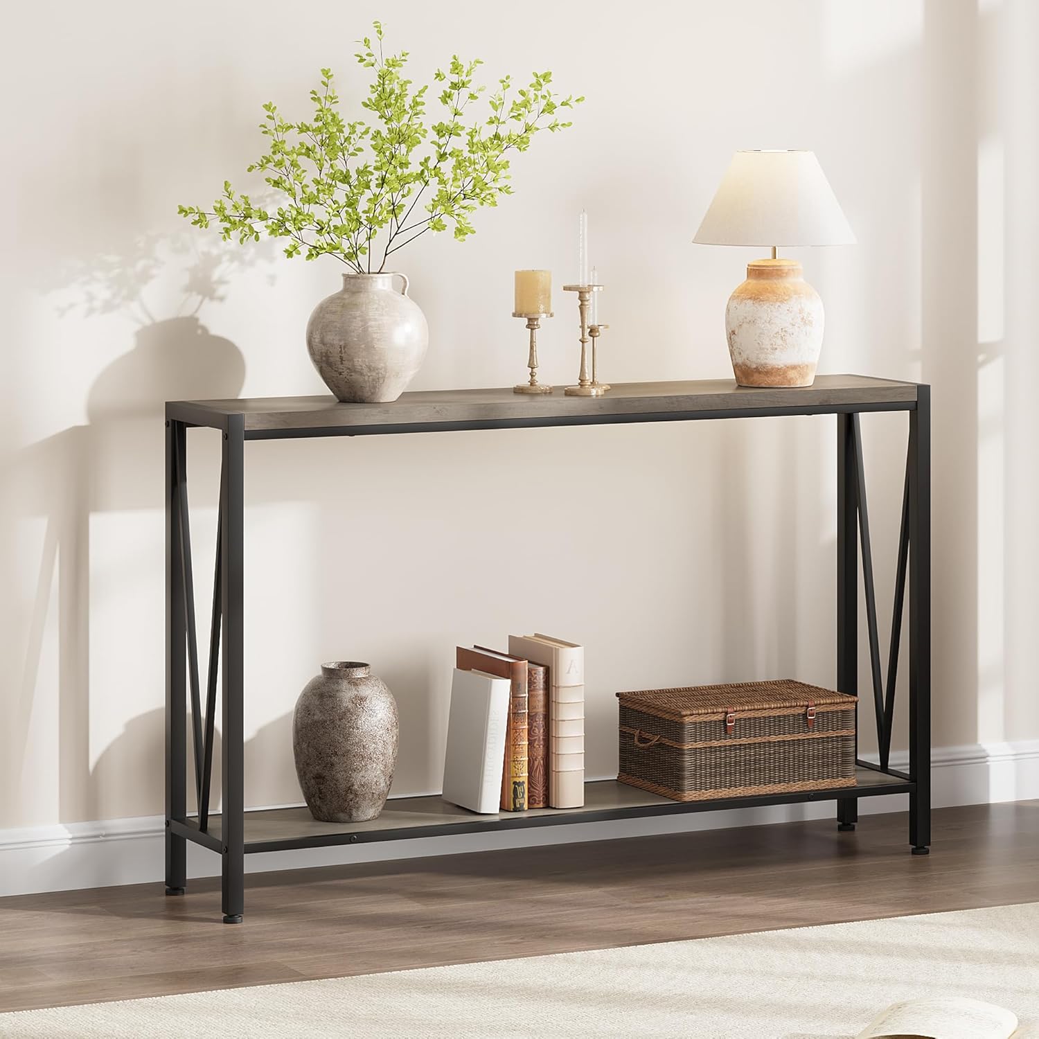 43 Inch Console Table With 2 Drawers & Shelves - Entryway Sofa Table For Living Room, Hallway, Kitchen | Grey Farmhouse Style, Sturdy MDF & Metal