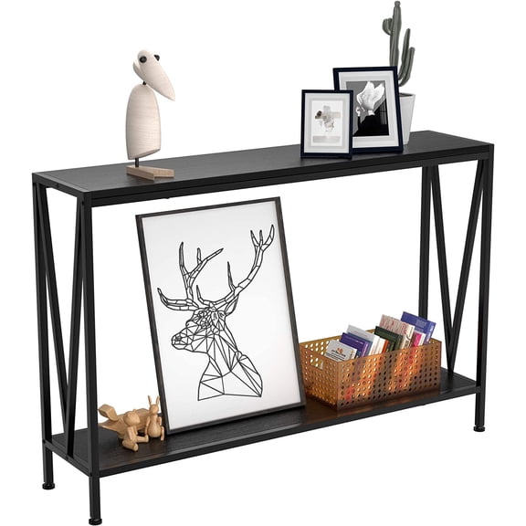 Console Table, 2-Tier Industrial Entryway Table with Storage, 43'' v-Design Sofa Table for Entryway, Living Room, Hallway, Foyer, Corridor and Office, Black