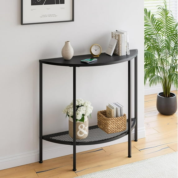 Console Table 2 Tier Narrow Entryway Table with Storage,Half Moon Sofa Couch Table,Small Hallway Entry Way Tables,Wooden Accent Side Table for Living Room Coffee Table,Black