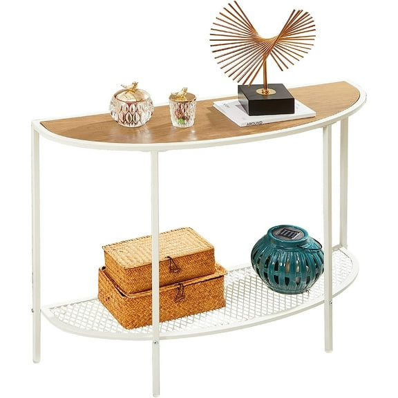 Console Table 2 Tier Narrow Entryway Table with Storage Shelves Half Moon Sofa Couch Table Small Entry Way Tables for Living Bedroom Hallway Office Easy Assembly, Oak White