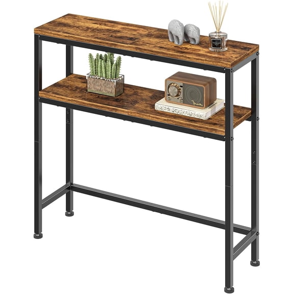 Console Table, 2-Tier Narrow Sofa Table, Rustic Brown | Entryway Table with Storage Shelf, Metal Frame, Adjustable Feet Pads, for Entryway, Living Room, 8 x 31.75 x 31.25Inches